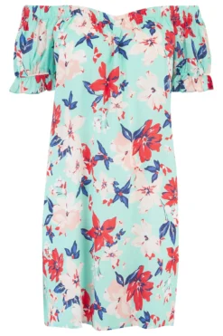 Textured Woven Bardot Puff Sleeve Beach Dress - Aqua Floral -Curve by Lingerie 246526 20210407132700