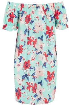 Textured Woven Bardot Puff Sleeve Beach Dress - Aqua Floral -Curve by Lingerie 246527 20210407132700