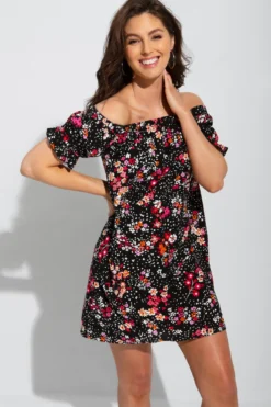Textured Woven Bardot Puff Sleeve Beach Dress - Black Floral -Curve by Lingerie 247536 20210407132600
