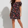 Textured Woven Bardot Puff Sleeve Beach Dress - Black Floral