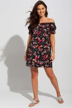 Textured Woven Bardot Puff Sleeve Beach Dress - Black Floral