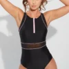 Energy Chlorine Resistant High Neck Zip Front Swim - Black/Pink