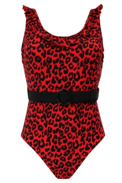 Frill Neck Belted Control Swimsuit - Red Leopard -Curve by Lingerie 277273 20220428132800