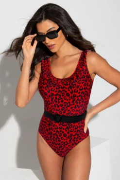 Frill Neck Belted Control Swimsuit - Red Leopard -Curve by Lingerie 277274 20220428132800
