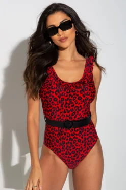 Frill Neck Belted Control Swimsuit - Red Leopard -Curve by Lingerie 277275 20220428132800