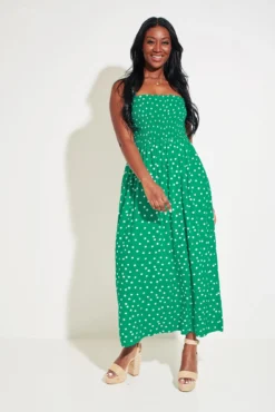 Removable Straps Shirred Bodice Maxi Dress - Green/White -Curve by Lingerie 281095 20230518120900