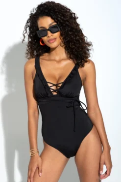 Frill Lace Up Control Swimsuit - Black -Curve by Lingerie 281342 20220503112500