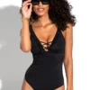 Frill Lace Up Control Swimsuit - Black