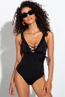 Frill Lace Up Control Swimsuit - Black -Curve by Lingerie 281345 20220503112500