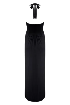 Halter Neck Gold Buckle Maxi Dress - Black -Curve by Lingerie 281638 20220627150700