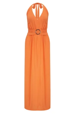 Halter Neck Gold Buckle Maxi Dress - Orange -Curve by Lingerie 281641 20220404130900
