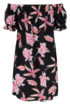 Textured Woven Bardot Puff Sleeve Beach Dress - Black/Pink -Curve by Lingerie 281810 20220406115500