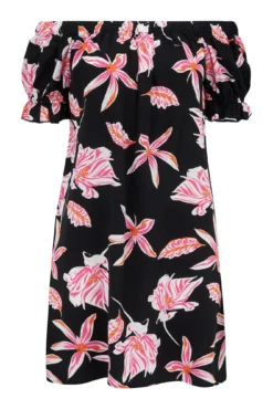 Textured Woven Bardot Puff Sleeve Beach Dress - Black/Pink -Curve by Lingerie 281811 20220406115500