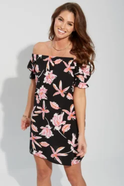 Textured Woven Bardot Puff Sleeve Beach Dress - Black/Pink -Curve by Lingerie 281814 20220406115500