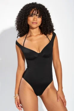 Underwired Off The Shoulder Double Strap Control Swimsuit - Black