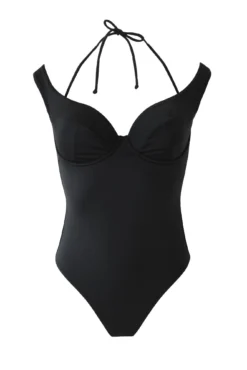 Underwired Off The Shoulder Double Strap Control Swimsuit - Black -Curve by Lingerie 282875 20220414113300
