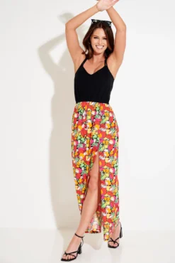 Cross Back Strappy Jersey Woven Mix Maxi Dress - Pink/ Red/ Black -Curve by Lingerie 285942 20220518150700