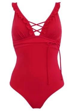 Frill Lace Up Control Swimsuit - Red -Curve by Lingerie 286937 20220531145100