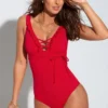 Frill Lace Up Control Swimsuit - Red