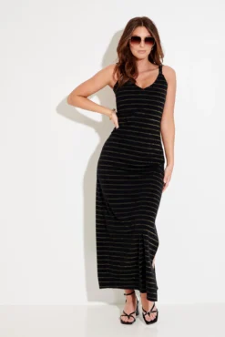 Jersey Plaited Straps Maxi Dress - Black/Gold