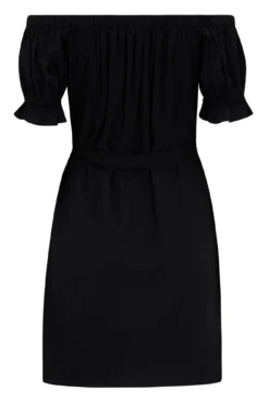 Woven Puff Sleeve Belted Bardot Dress - Black -Curve by Lingerie 290992 20230413090900