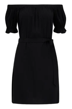 Woven Puff Sleeve Belted Bardot Dress - Black -Curve by Lingerie 290993 20230413090900