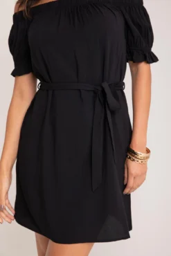 Woven Puff Sleeve Belted Bardot Dress - Black -Curve by Lingerie 290998 20230413090900