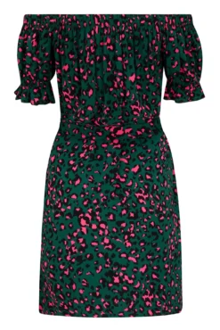 Woven Puff Sleeve Belted Bardot Dress - Forest/Pink Leopard -Curve by Lingerie 291000 20221206123700