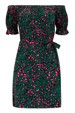 Woven Puff Sleeve Belted Bardot Dress - Forest/Pink Leopard -Curve by Lingerie 291001 20221206123700