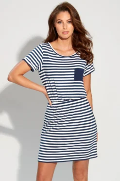 Jersey Pocket T-Shirt Beach Dress - Navy/White -Curve by Lingerie 291554 20220729125300