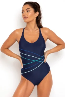 Energy Chlorine Resistant Recycled V Neck Linear Swimsuit - Navy/Aqua