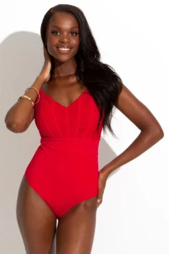 Ruched Pleated Control Swimsuit - Red -Curve by Lingerie 297512 20220926120000