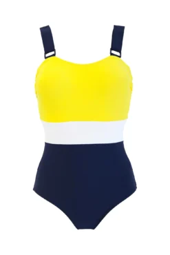 Colour Block Tummy Control Swimsuit - Yellow/Navy/White -Curve by Lingerie 298959 20221021112000