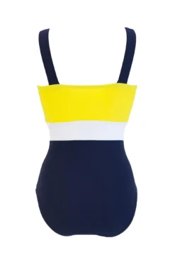 Colour Block Tummy Control Swimsuit - Yellow/Navy/White -Curve by Lingerie 298960 20221021112000