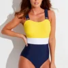 Colour Block Tummy Control Swimsuit - Yellow/Navy/White