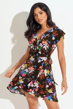 Woven EcoVero™ Frill Wrap Dress - Black Tropical