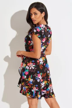 Woven EcoVero™ Frill Wrap Dress - Black Tropical -Curve by Lingerie 300142 20221102135800