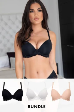 Forever Fiore Plunge Push Up Tshirt Bra Bundle - Black White And Almond
