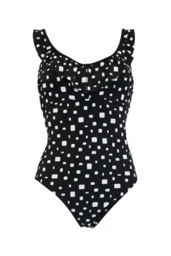 Cascade Hidden Underwired Frill Tummy Control Swimsuit - Black/White -Curve by Lingerie 301379 20221201112800