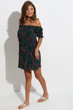 Woven Puff Sleeve Belted Bardot Dress - Forest/Pink Leopard -Curve by Lingerie 301971 20221206123700