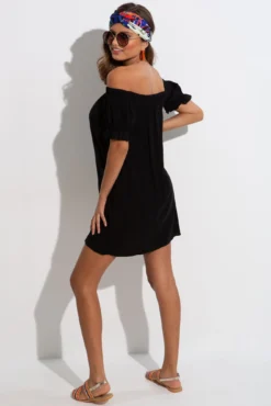 Woven Puff Sleeve Belted Bardot Dress - Black -Curve by Lingerie 301973 20221206124000