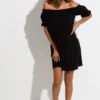 Woven Puff Sleeve Belted Bardot Dress - Black