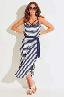 Jersey Strap Detail Tie Waist Midi Dress - Navy/White
