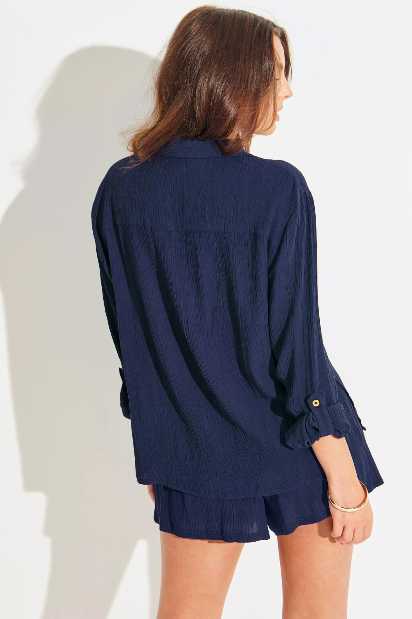 Crinkle Viscose Gold Trim Beach Shirt - Navy 4 Crinkle Viscose Gold Trim Beach Shirt - Navy - Image 4