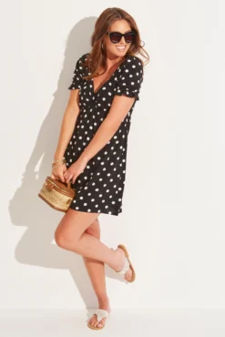 Shirred Back Puff Sleeve Mini Beach Dress - Mono Spot -Curve by Lingerie 305309 20230616144400