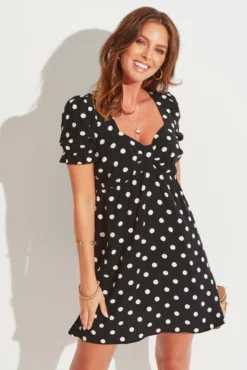 Shirred Back Puff Sleeve Mini Beach Dress - Mono Spot -Curve by Lingerie 305310 20230616144400