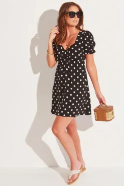 Shirred Back Puff Sleeve Mini Beach Dress - Mono Spot -Curve by Lingerie 305312 20230616144400
