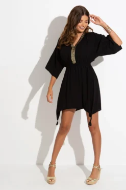 Hot Fix Stud Tassel Trim Kaftan - Black/Gold