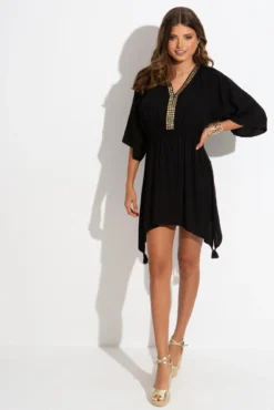 Hot Fix Stud Tassel Trim Kaftan - Black/Gold -Curve by Lingerie 306585 20230109154400