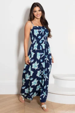 Removable Straps Shirred Bodice Maxi Dress - Navy Tropical -Curve by Lingerie 307430 20230112150700